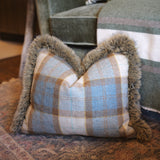 Teal Tartan Tweed Faux Fur Trim Cushion 50x45
