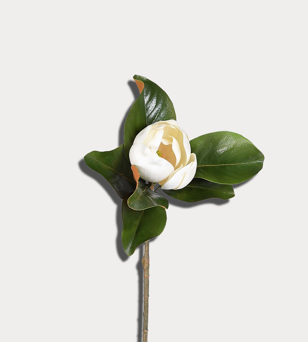 Artificial flower with a white bloom and green leaves on a light gray background