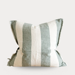 Striped pillow with green and beige pattern on a white background