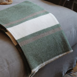 A woven throw blanket with horizontal stripes in sage green, cream, and taupe, draped over a gray upholstered ottoman in a cozy indoor setting.