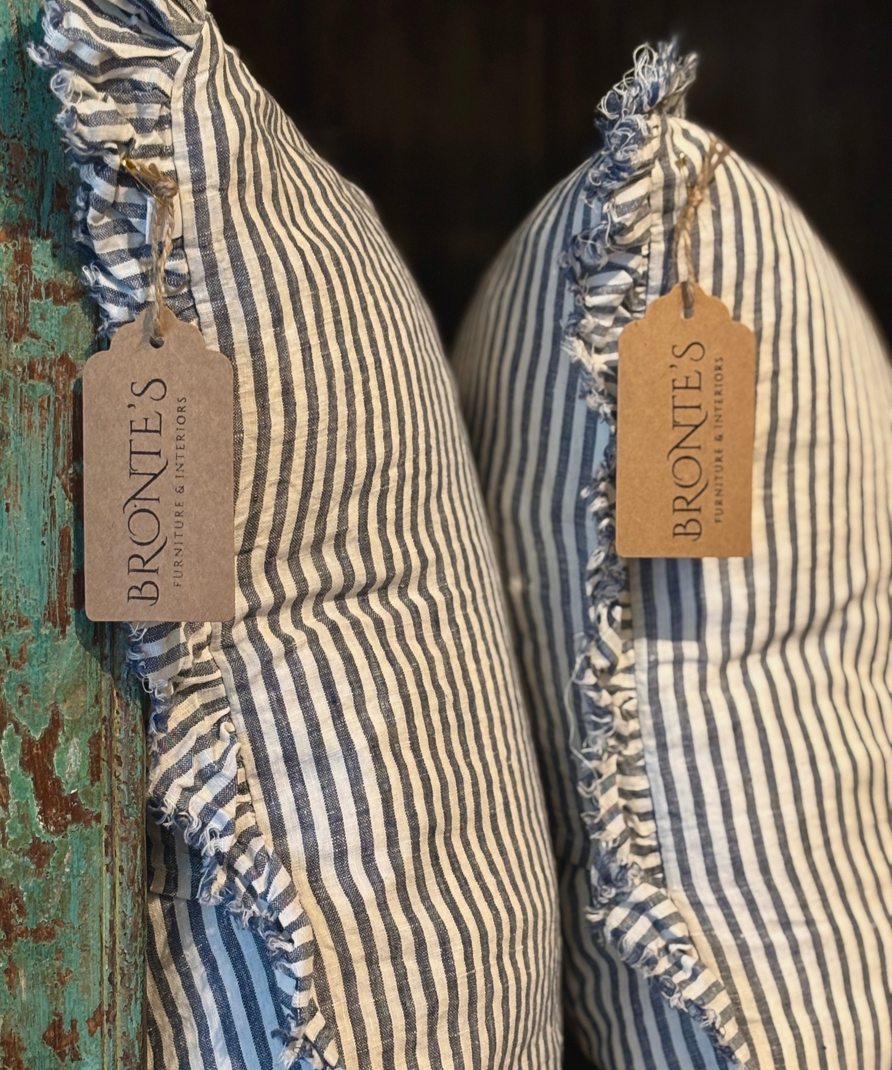 Striped Blue Linen Fringed Cushion
