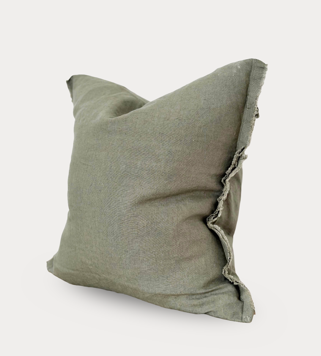Khaki Green pillow with a textured edge on a white background