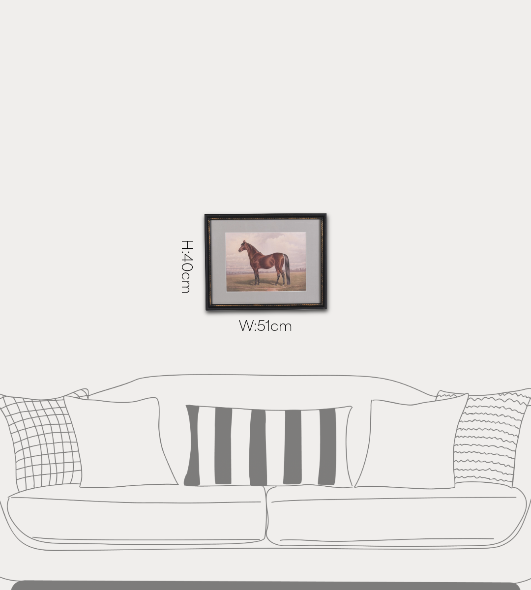 Framed artwork of a horse on a wall above a sofa with dimensions displayed.