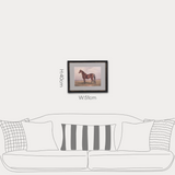Framed artwork of a horse on a wall above a sofa with dimensions displayed.