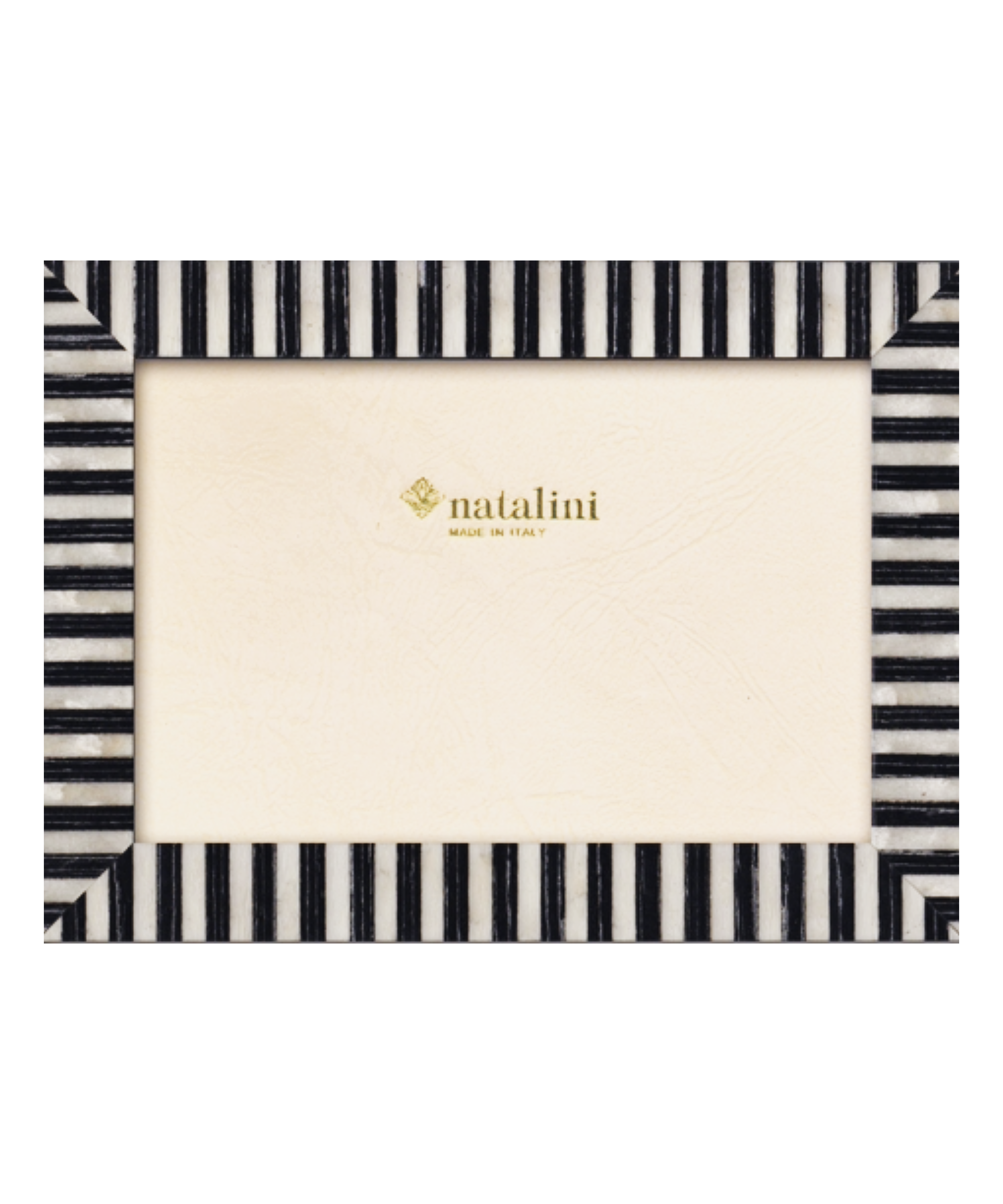 Black and white striped photo frame with 'natalini' branding on a white background