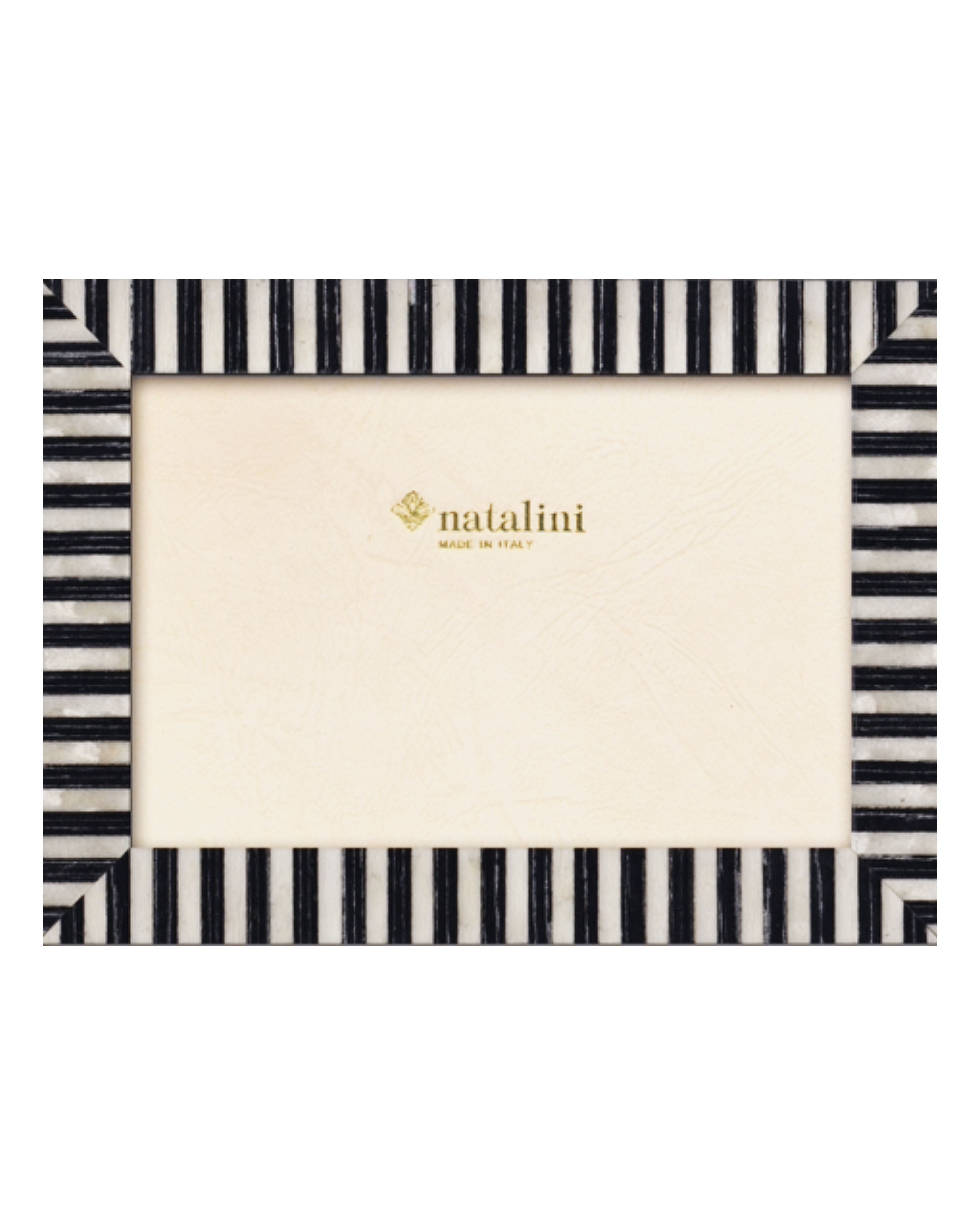 Black and white striped photo frame with 'natalini' branding on a white background