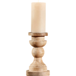 Wooden candle holder with a beige candle on a white background