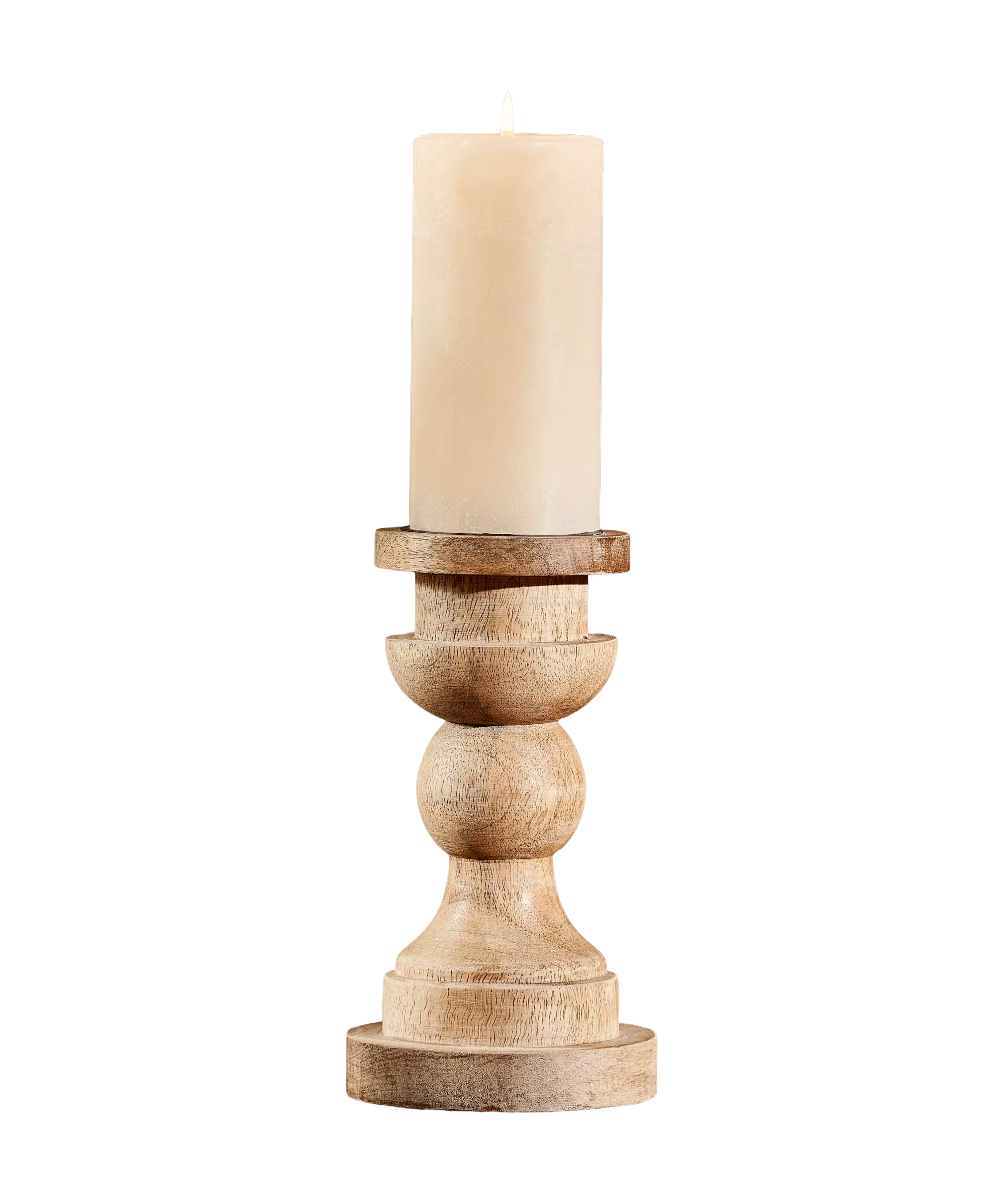Wooden candle holder with a beige candle on a white background