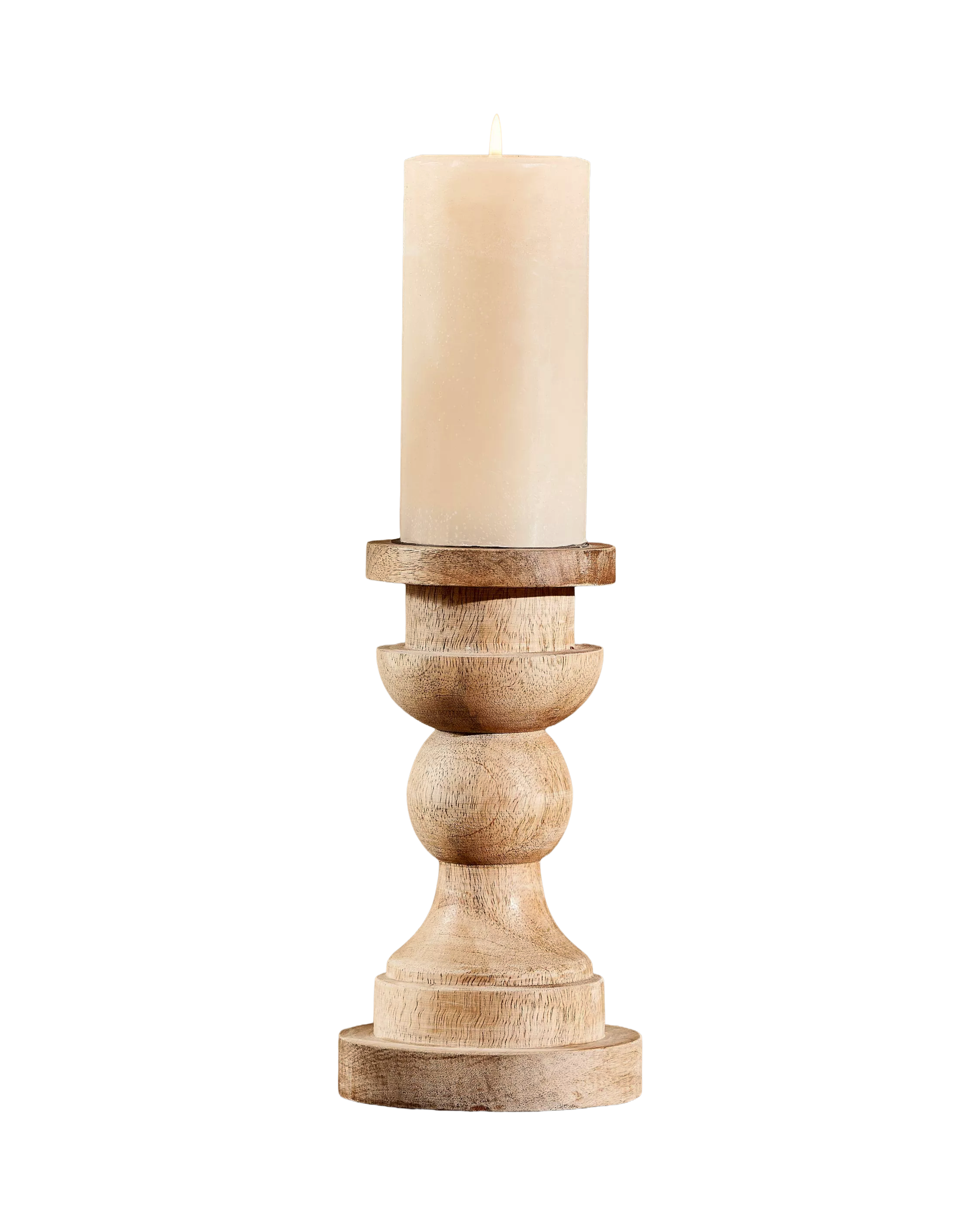Wooden candle holder with a beige candle on a white background