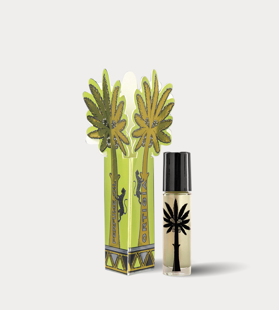 Perfume bottle with palm tree design and decorative packaging on a white background