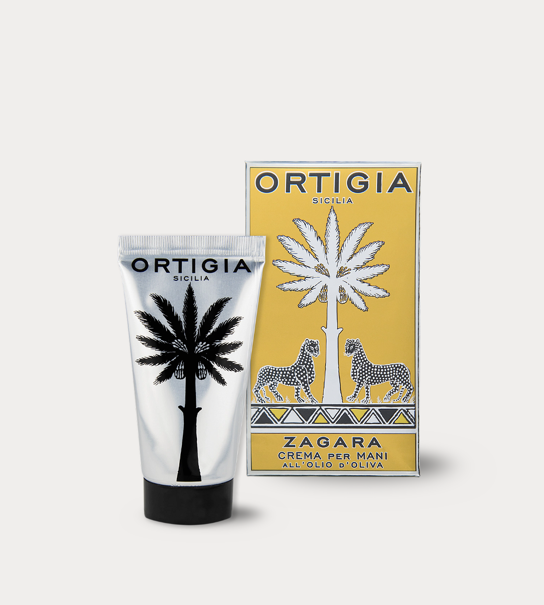 Ortigia hand cream with packaging featuring palm tree design on a white background