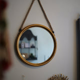 Round Gold Metal Mirror on Hanging Rope with Hook