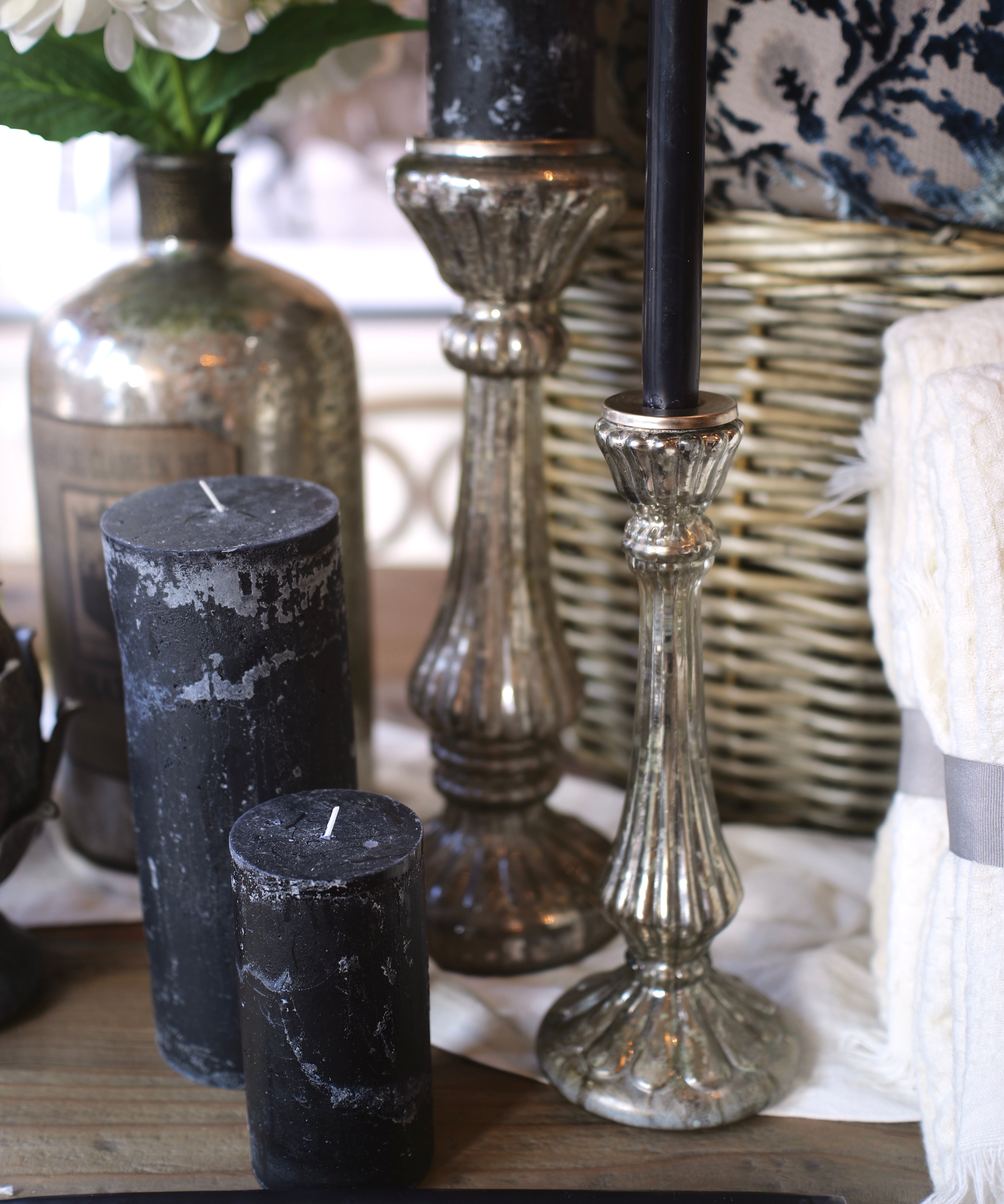 Large Rustic Antiqued Silver Glass Candle Holder