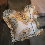 Ruffled Edge Floral Cushion Cover Linen - Muted Teal and Lime 45x45