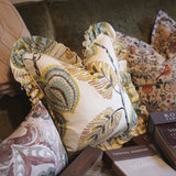 Ruffled Edge Floral Cushion Cover Linen - Muted Teal and Lime 45x45