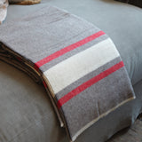 A folded wool blanket with a gray, white, and red stripe pattern draped over a gray upholstered chair in a home setting.