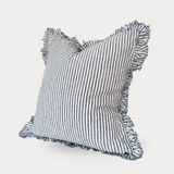 Striped Blue Linen Fringed Cushion