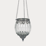 Sml Hanging Glass Globe Tea Light Holder with Ornate Metal