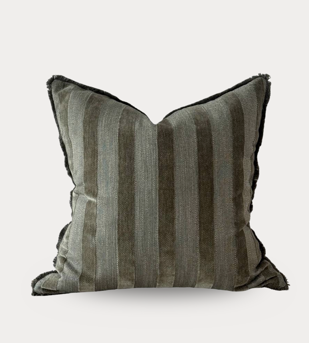 Olive Stripe Cushion Fringe Edge 45x45