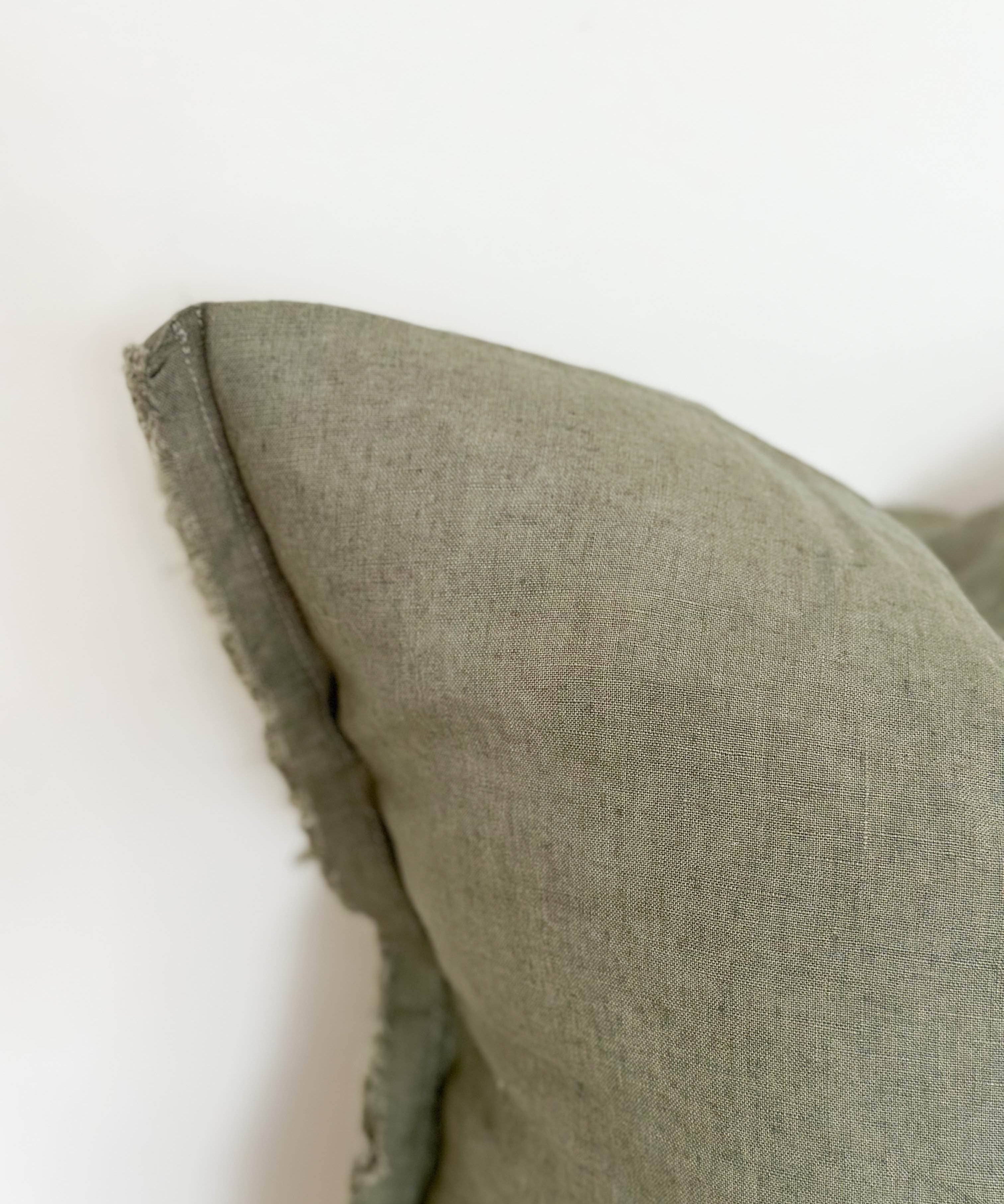 Khaki Green Linen Cushion with Frayed Edge 45x45cm