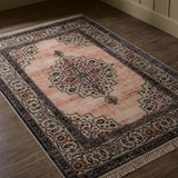 Decorative rug with intricate patterns on a wooden floor.