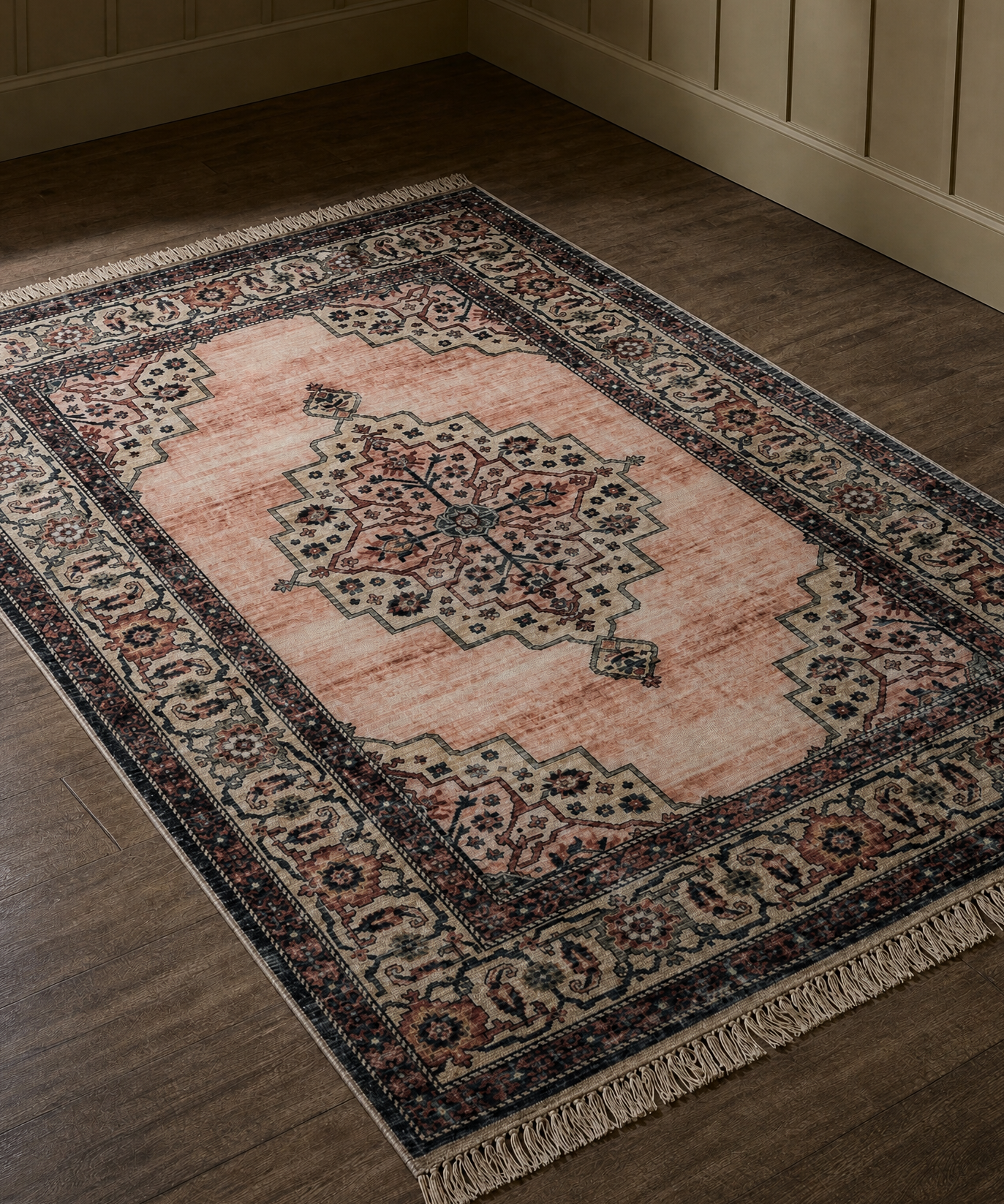 Decorative rug with intricate patterns on a wooden floor.