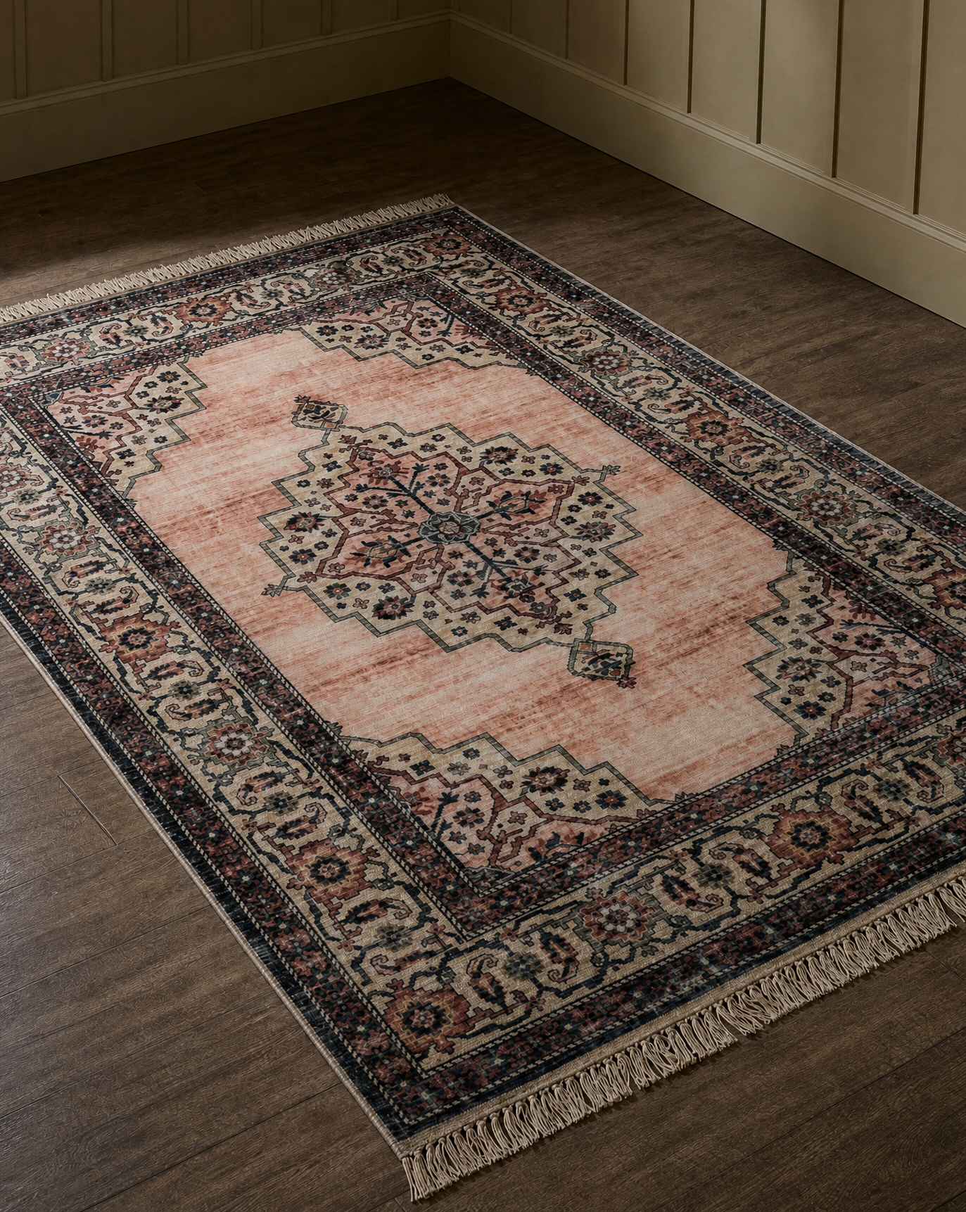 Decorative rug with intricate patterns on a wooden floor.